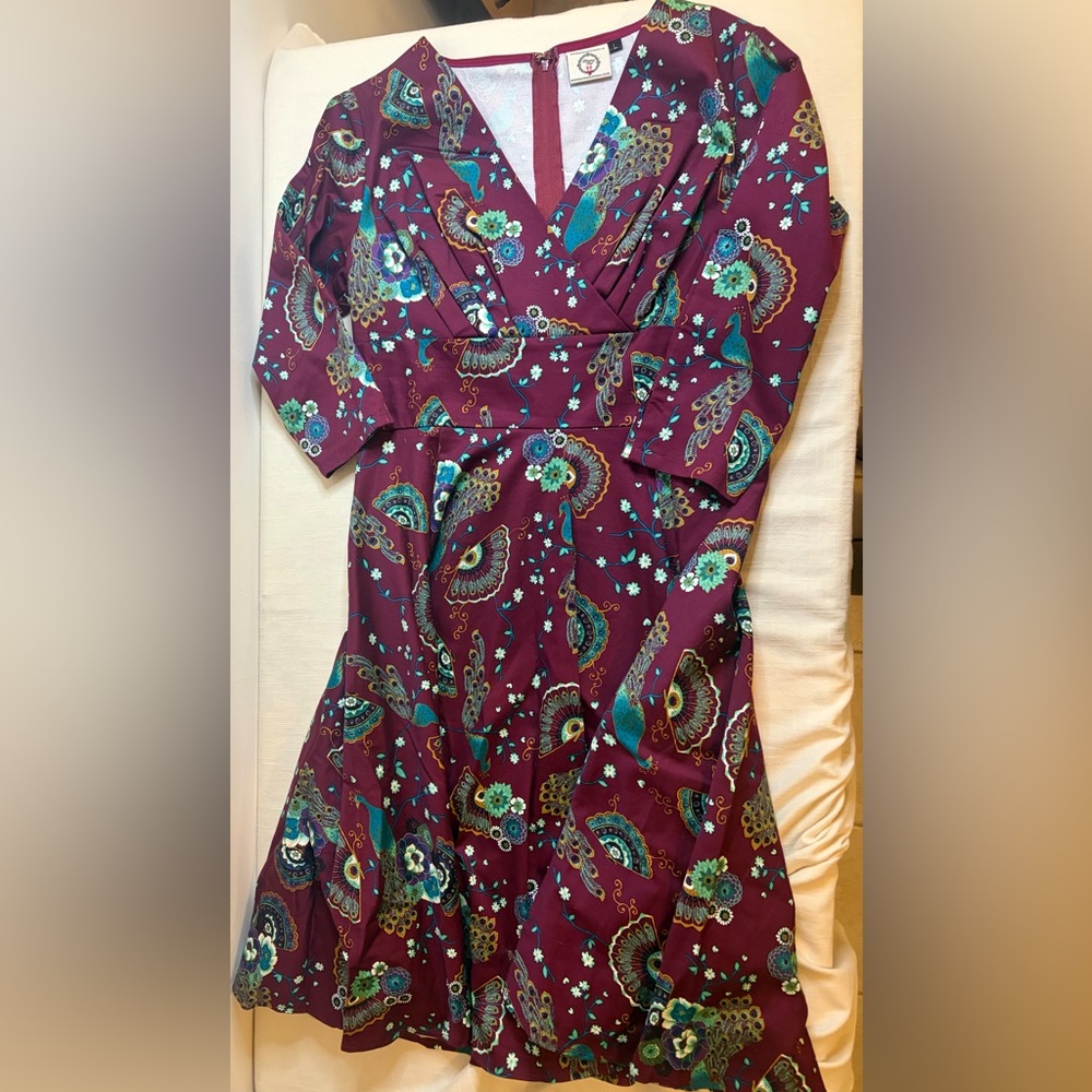Retro 50s Peacock and Floral Dress (L) - Picture 4 of 4